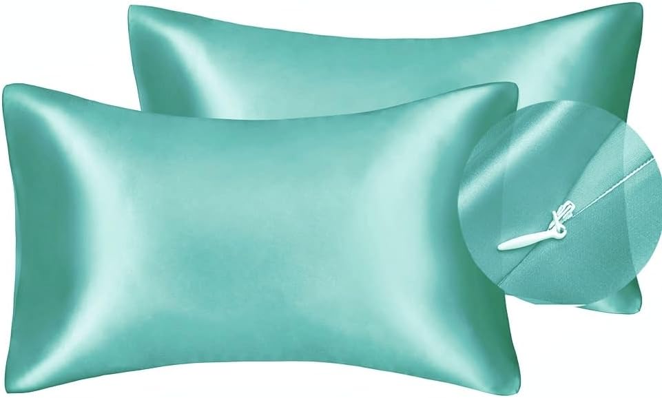 Juwenin Bedding,Super Soft and Luxury Silky Satin Pillowcase with Zipper (Silky Satin Pillow Case for Hair) Set of 2 (Aqua, Standard(20''x26''))