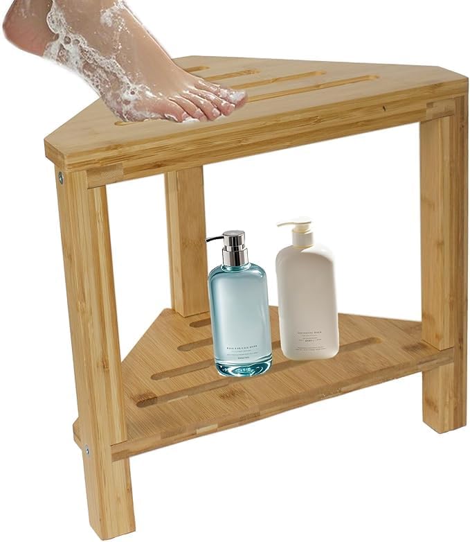 Bamboo Shower Stool for Shaving Legs, Corner Shower Foot Rest with Storage Shelf for Shaving Legs Bath Bench for Inside Shower, Space-Saving Shower Step Stool & Non-Slip Bathroom Seat