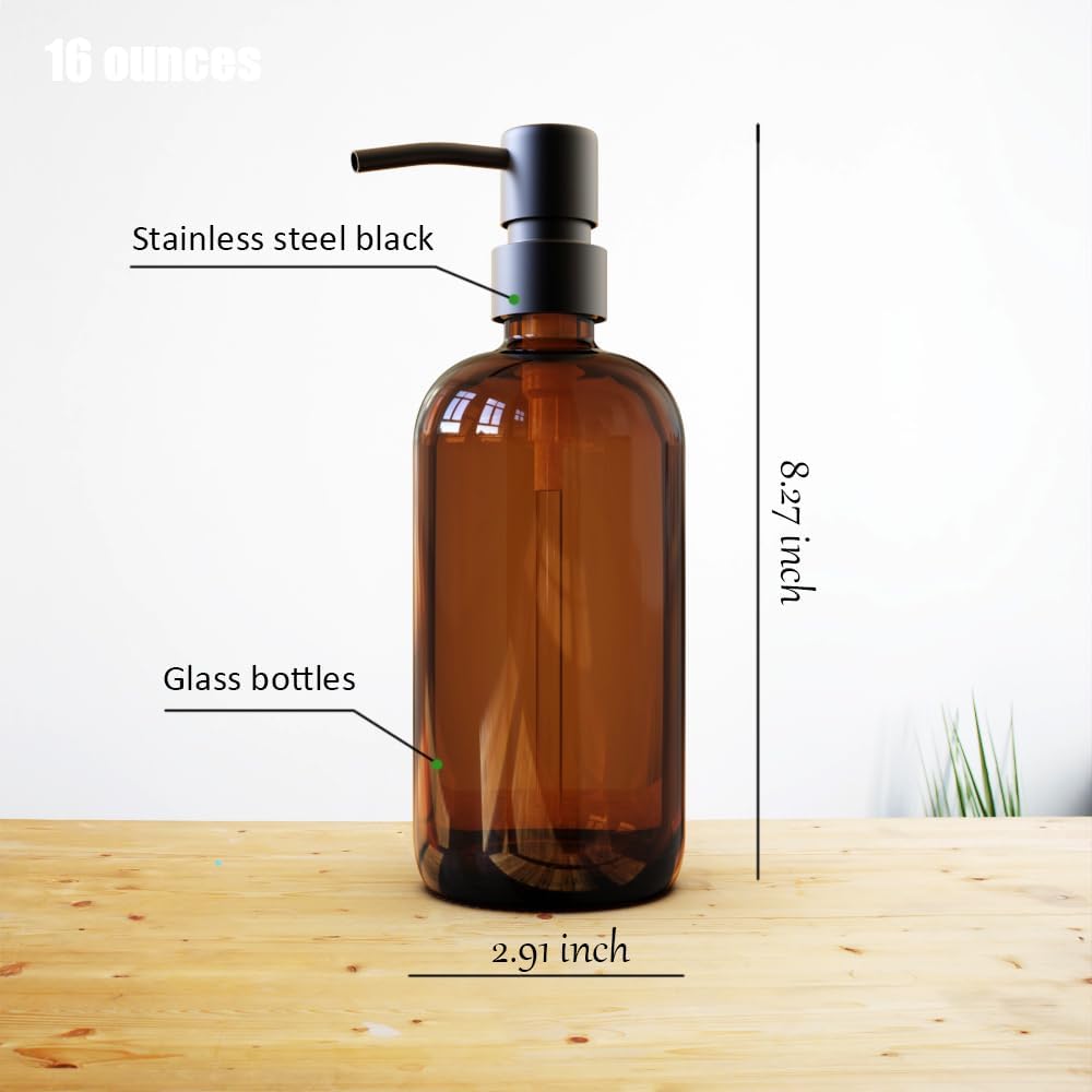 16oz Empty Stainless Steel Pump Bottles Dispenser 2 Pack Amber Refillable Pump Bottle for Shampoo, Liquid Soap, Massage Oil