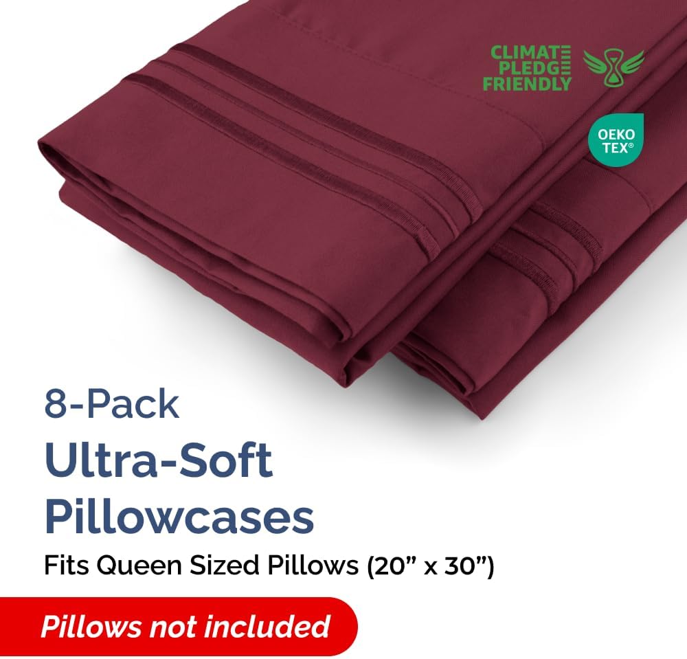 Queen Pillow Cases Set of 8 - Ultra Soft Hotel Quality Pillowcase Covers - Comfy, Cozy & Wrinkle Free - Shrink, Stain and Fade Resistant - Machine Washable Pillow Protectors - 8 Piece Set - Burgundy