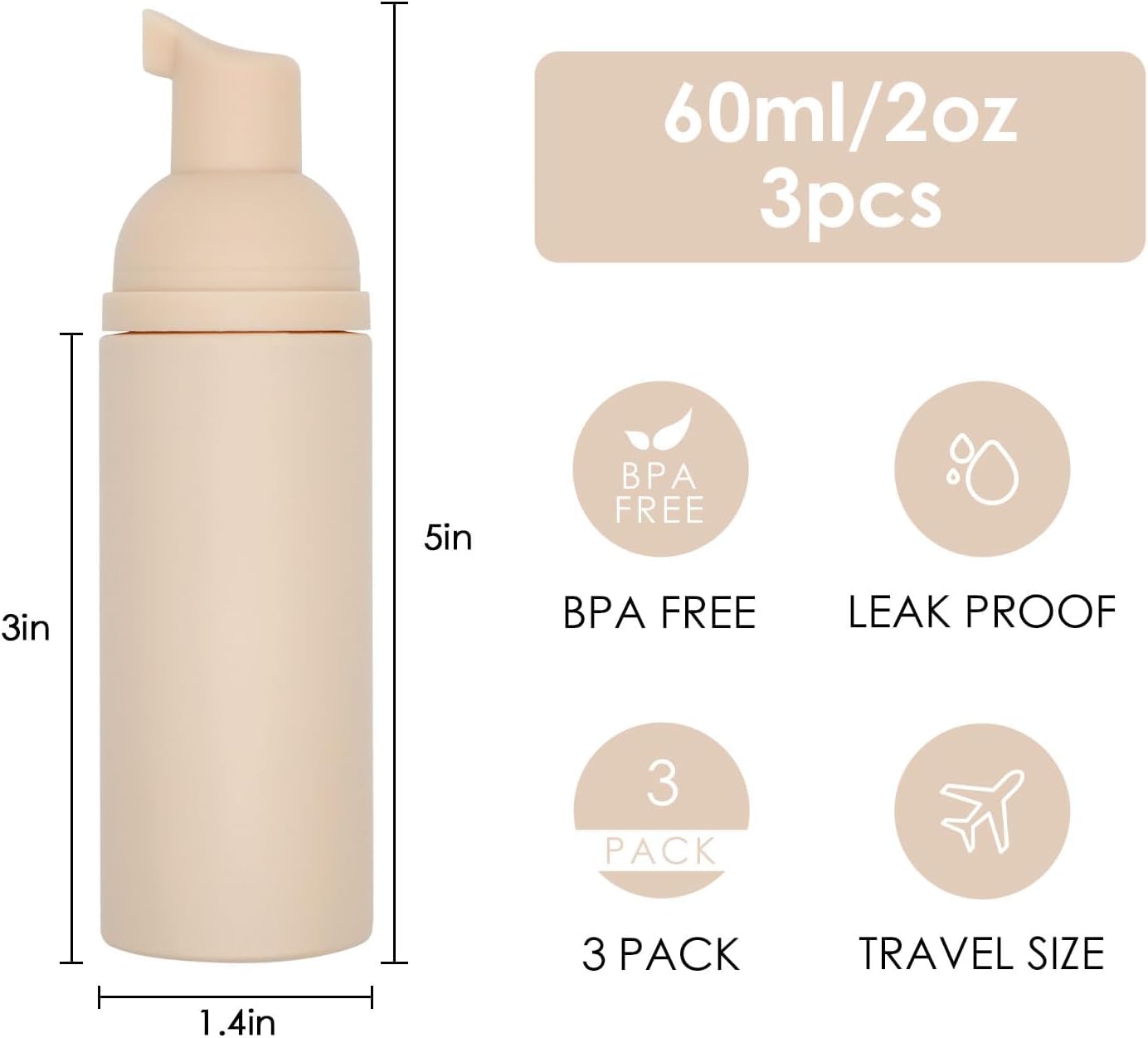 Foam Pump Bottle (Nude), Empty Travel Size Foam Dispenser Pump for Soap Shampoo, Lash Cleanser(60ml/2oz, 3PCS)