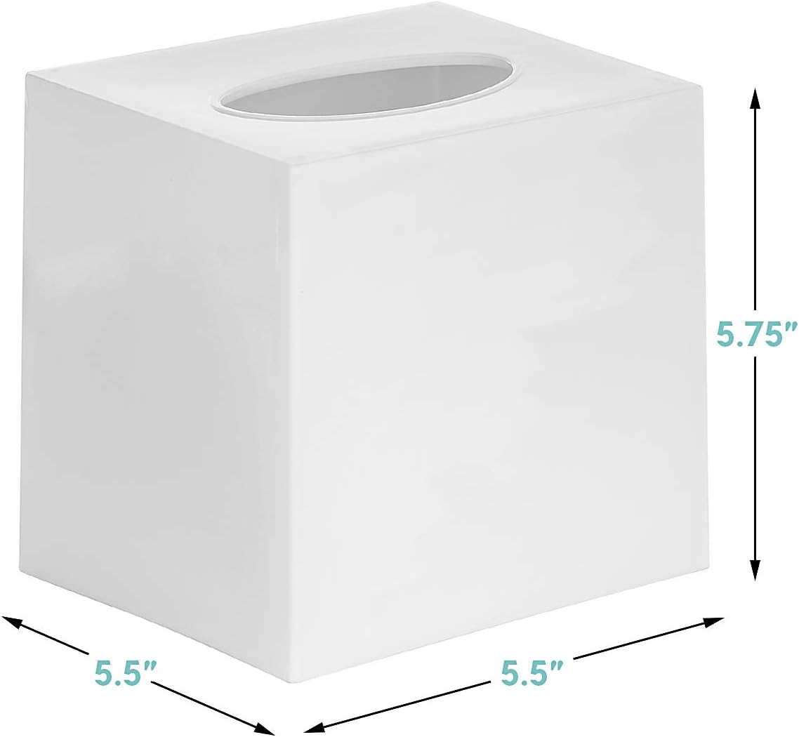 White Tissue Box Cover Square - Set of 2 Facial Cube Tissue Box Holder Case Dispenser for Bathroom Vanity Countertop, Bedroom Dresser, Office Desk or Night Stand Table