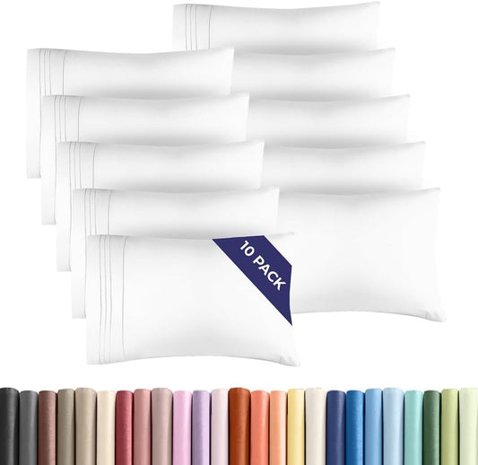 King Pillow Cases Set of 10 - Ultra Soft Hotel Quality Pillowcase Covers - Comfy & Wrinkle Free - Shrink, Stain and Fade Resistant - Easy-Care, Machine Washable Pillow Protectors - 10 Pcs Set - White