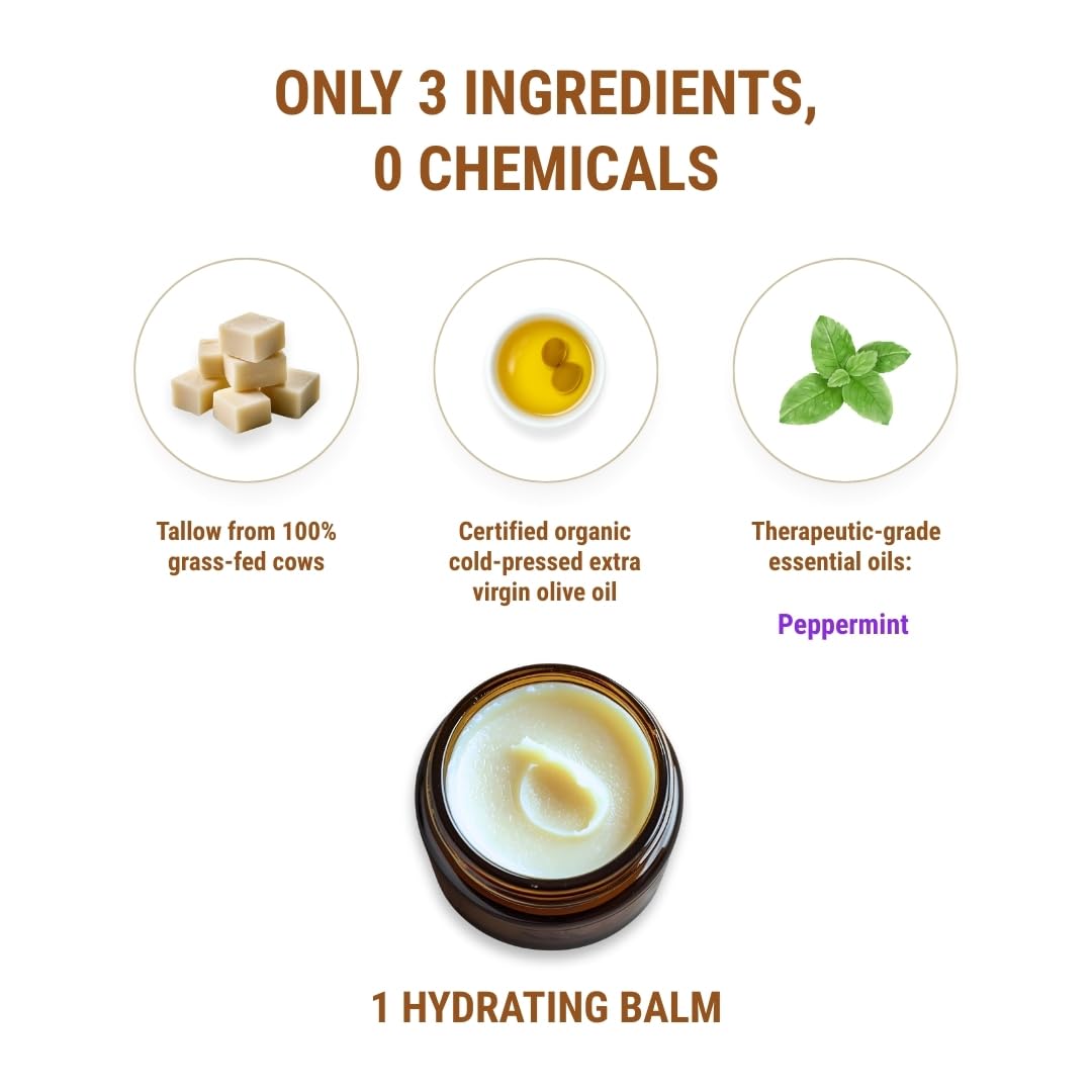 Vintage Tradition Beef Tallow All Purpose Balm - Healing, Hydrating Peppermint Skin Care Salve Replaces Body Lotion, Hand Cream, More - Essential Oil, Olive Oil, and Grass-Fed Tallow, 2 fl. oz.