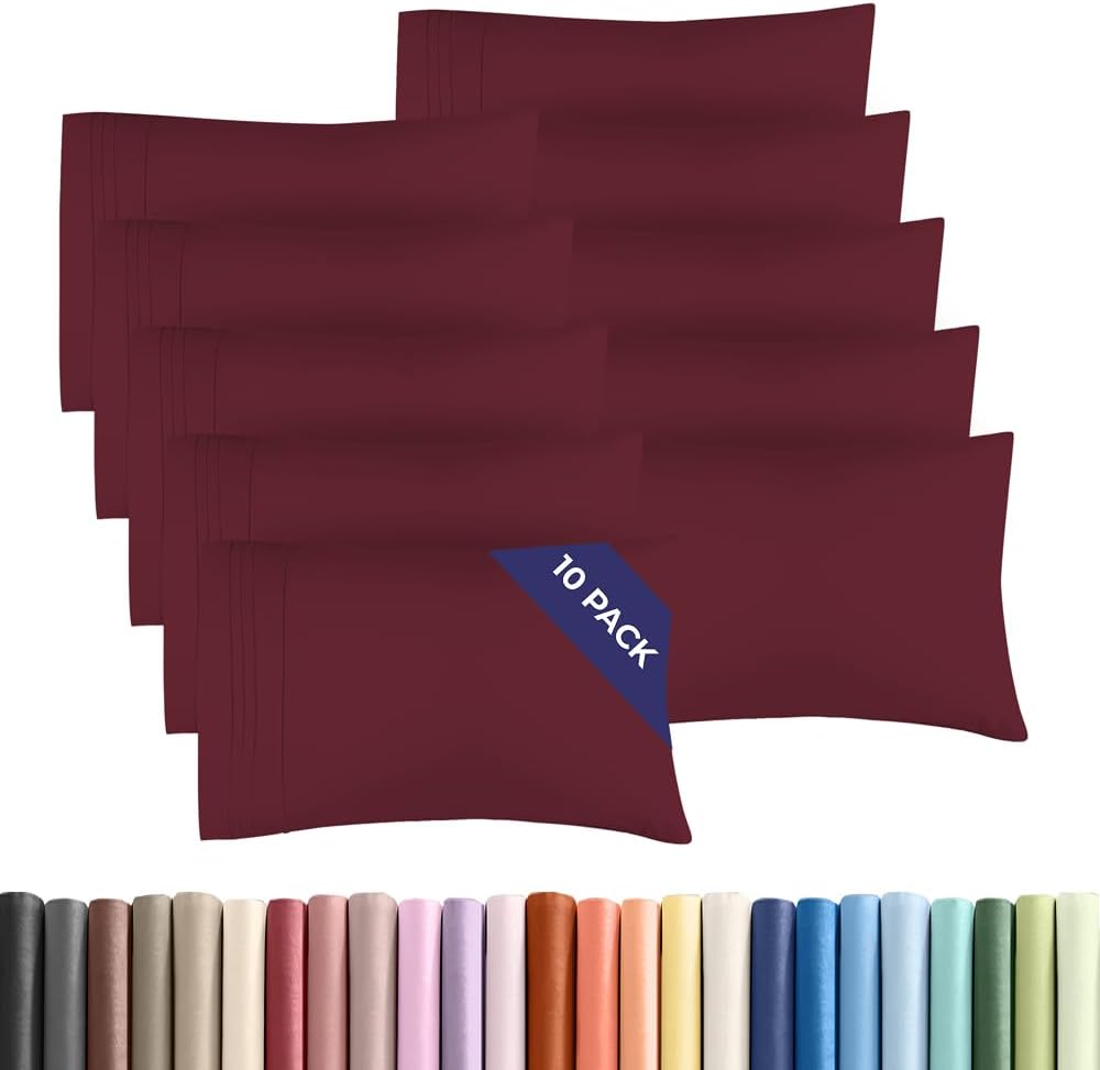 Queen Pillow Cases Set of 10 - Ultra Soft Hotel Quality Pillowcase Covers - Comfy, Cozy & Wrinkle Free - Shrink, Stain and Fade Resistant - Machine Washable Pillow Protectors - 10 Pcs Set - Burgundy