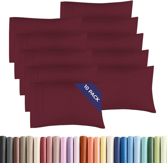 Queen Pillow Cases Set of 10 - Ultra Soft Hotel Quality Pillowcase Covers - Comfy, Cozy & Wrinkle Free - Shrink, Stain and Fade Resistant - Machine Washable Pillow Protectors - 10 Pcs Set - Burgundy