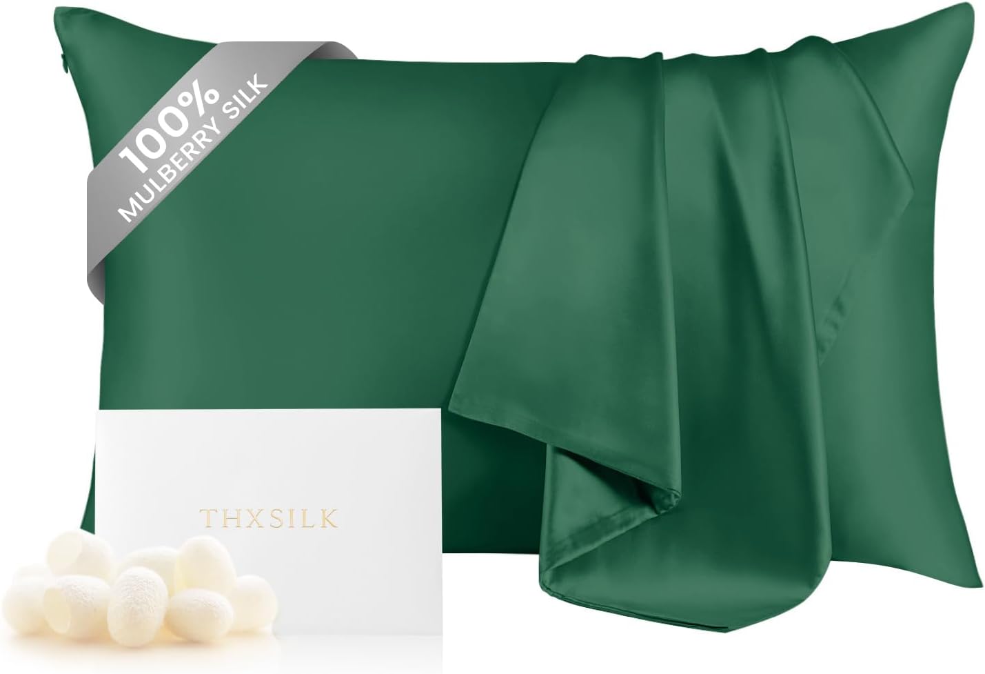 THXSILK 100% Pure Mulberry Silk Pillowcase for Hair and Skin, 6A+ Grade Silk Pillow Case Queen Size 20"x30", Real Silk Pillowcase with Zipper, Anti Aging Acne Free (Emerald Green)