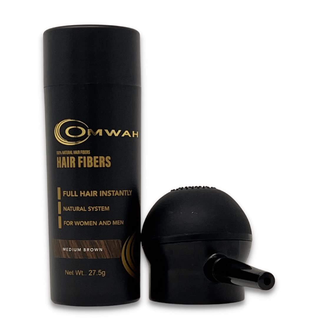 OMWAH Hair Fibers for Thinning Hair Men - 2-in-1 Kit 27.5g, Hair Building Fibers & Spray Applicator, Natural Thick Hair Filler, Conceals Hair Loss (Medium Brown, 27.5g)