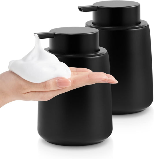 Ceramic Foam Soap Dispenser 2 Pack, 12oz Matte Black Lotion Hand Sanitizer Soap Dispenser with Easy-to-Press Pump for Bathroom & Kitchen Countertop Refillable