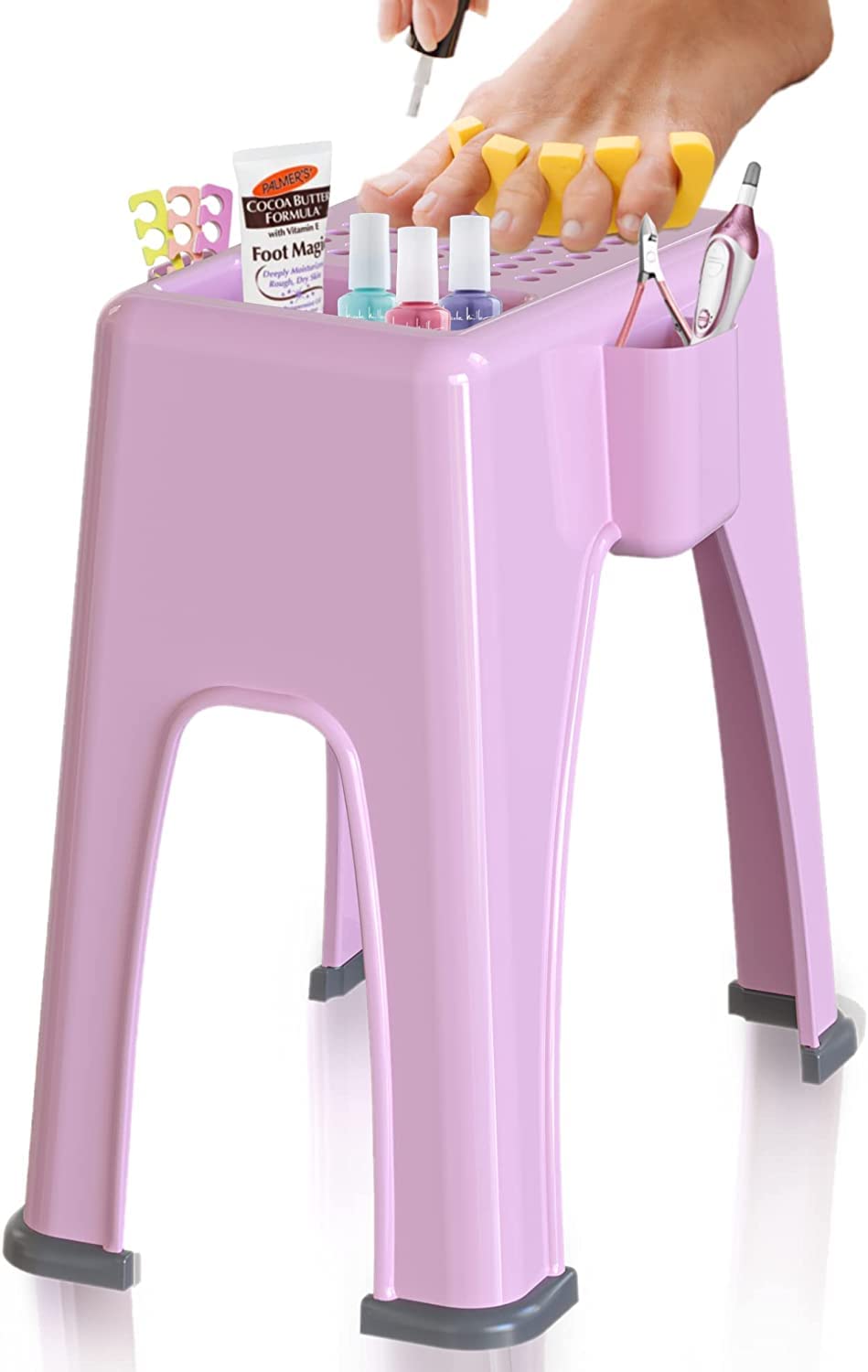TidyFriend Shower Foot Rest 9.27 x 7 x 10 Inches, Plastic Pedicure Foot Rest, 3 Pockets Shower Stool for Shaving Legs Hold Shaving Essentials (Pink)