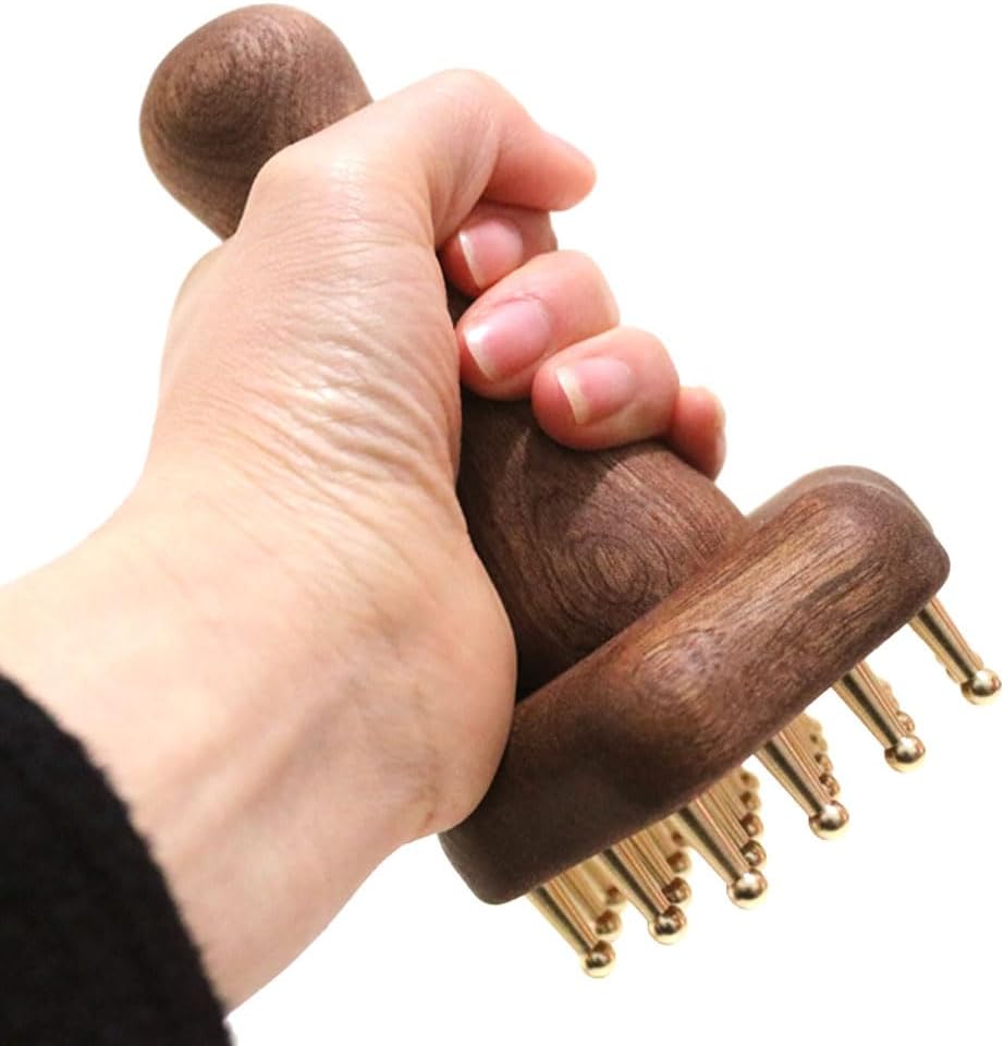 24teeth Copper Head Massage Comb for Body and Scalp Meridian Point Massager Brush for Body and Scalp Relief Body Massage Brush for Cellulite Remover Chinese SPA Gua Sha Tool Wooden Handle