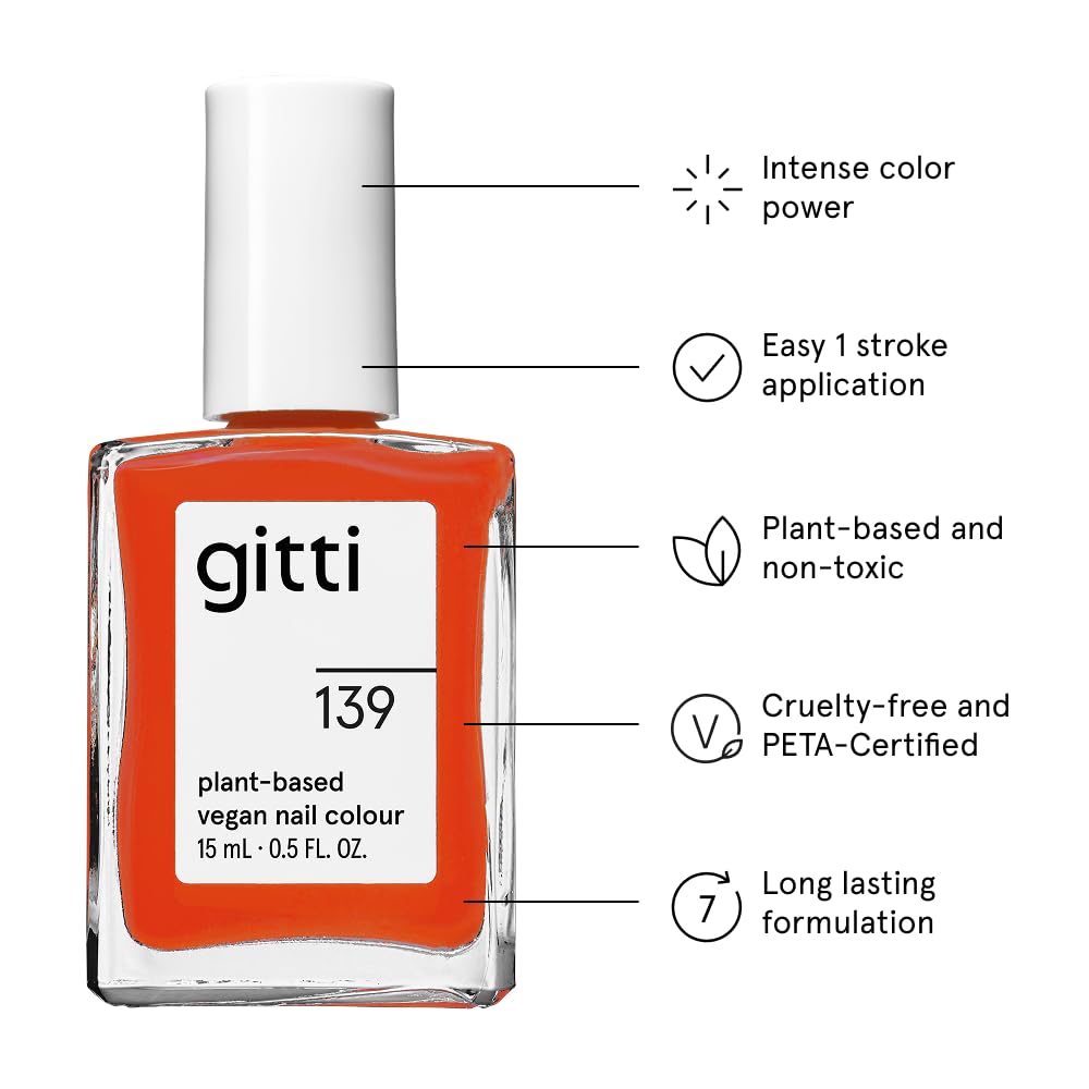 gitti Plant-based Nail Polish I Non-Toxic, 30-Free, Based On Natural Origin Ingredients, Cruelty-Free, Vegan, High Performance Colors, Glossy Finish, Shade no. 139 Fiery Orange (0.5 fl oz)