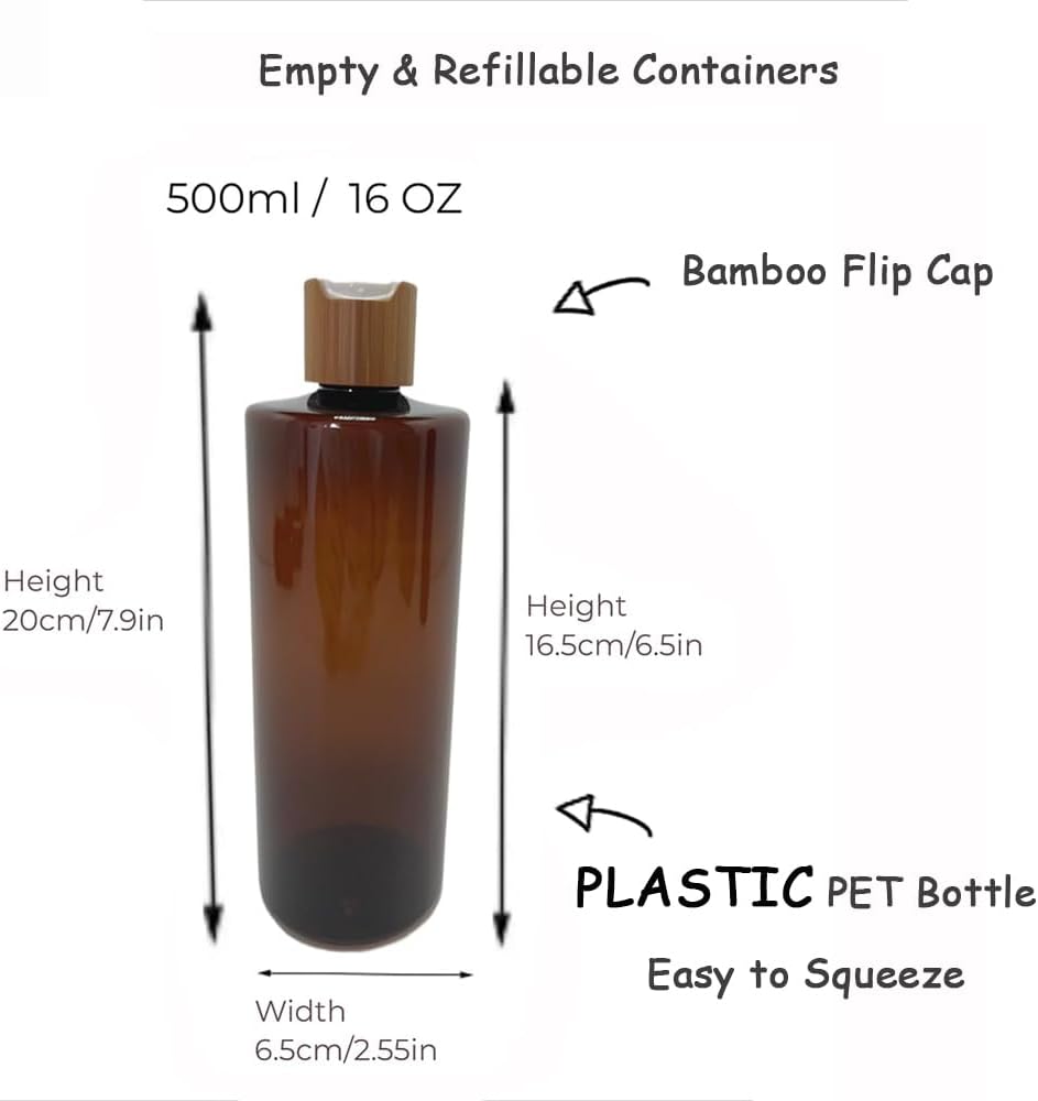 Empty Cosmetic Bottles 16oz/500ml With Bamboo Disc Top Flip Cap for Shampoo Lotion Liquid Soap,Cream,Refilable Squeeze Travel Size Toiletry Bottles Dispenser,Bathroom Accessories Brown