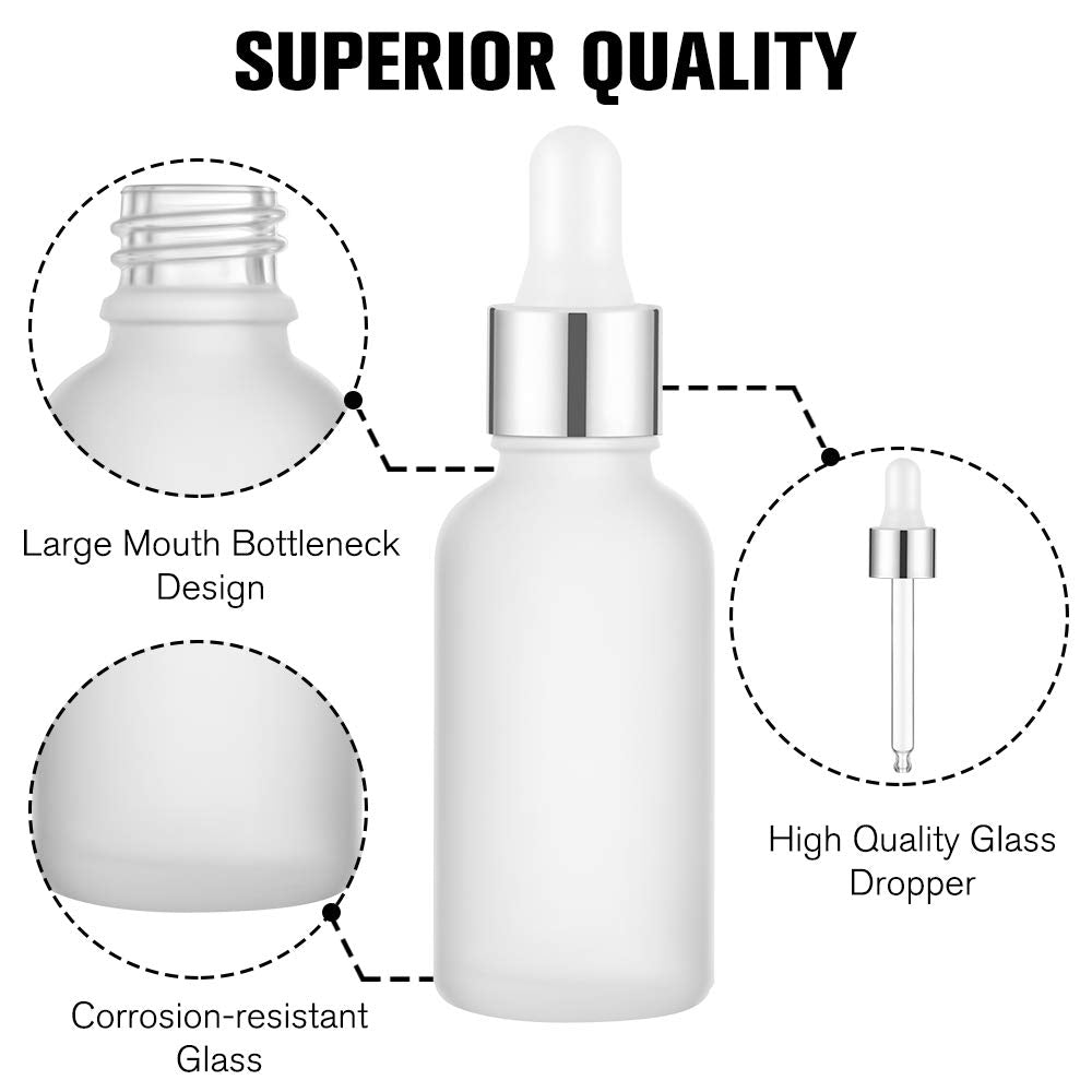 PrettyCare Glass Dropper Bottles Set of 99, 1oz (30ml) Frosted Empty Thick Bottles Bulk with Leakproof Silver Caps - With Labels & Funnels for for Storage, Travel,Essential Oils, DIY Serums