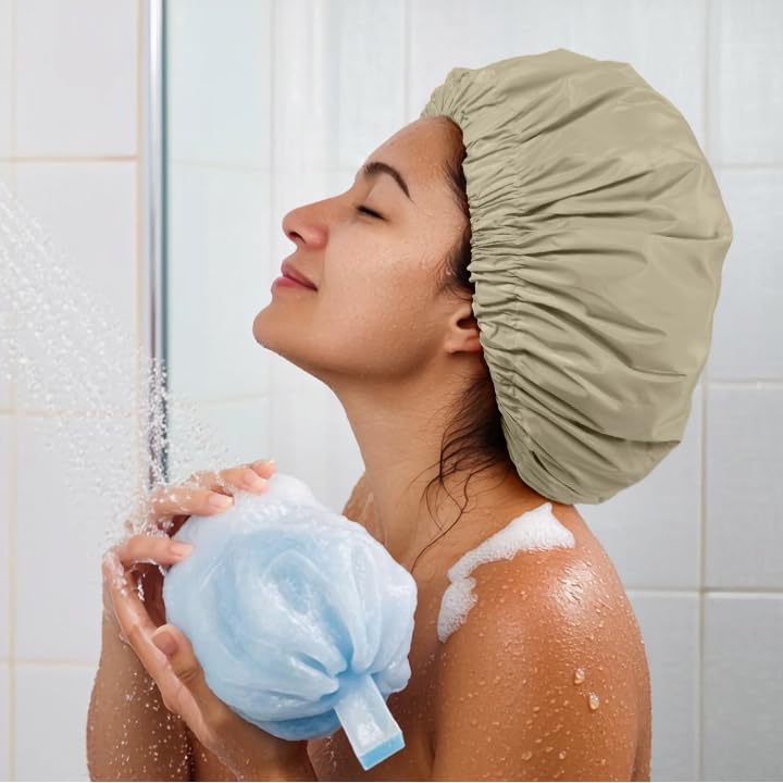 Reusable Shower Cap for Women, Large Waterproof Shower Essentials Bonnet Washable Elastic Band Bath Hair Wrap Hat for Long Hair, Braids(Gray Yellow)