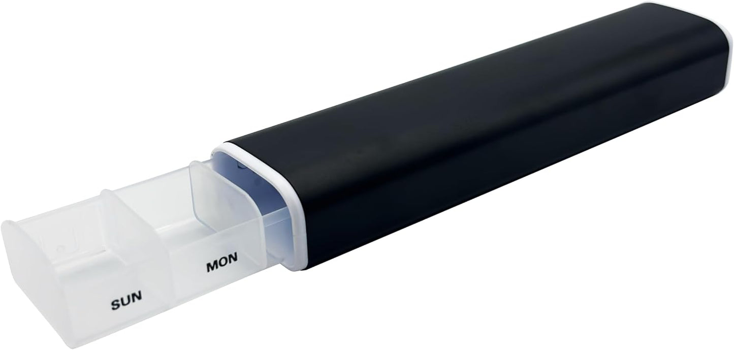 EZY DOSE Slide Pill Organizer, Stylish Medication Storage Case with Durable BPA-Free Plastic with Aluminum Exterior, Large 7-Day Weekly Compartments, Tablets, Vitamins, Compact, 9-Inch, Black