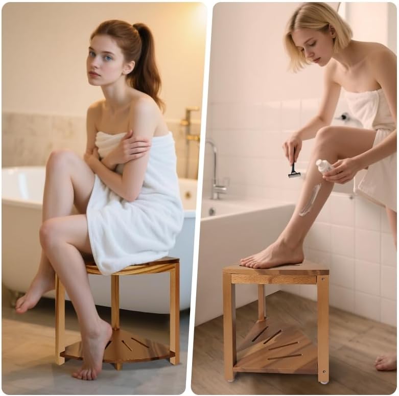 Corner Shower Stool 14.5 in,Shower Foot Rest with Storage Shelf, Shower Shaving Stool for Shaving Legs, Shower Foot Stool for Inside Small Shower Spaces- Acacia Wood Small Shower Stool