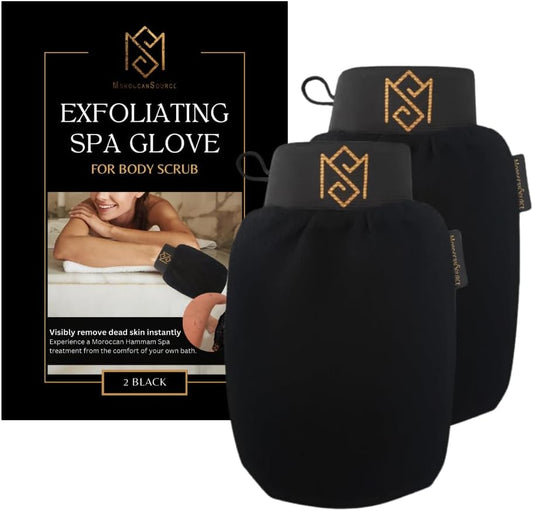 Exfoliating Glove Kessa Mitt Body Scrubber - Dead Skin Remover Shower Glove for Dead Skin Scrubbing and Deep Pore Cleansing - by MoroccanSource (2 Pack Black)