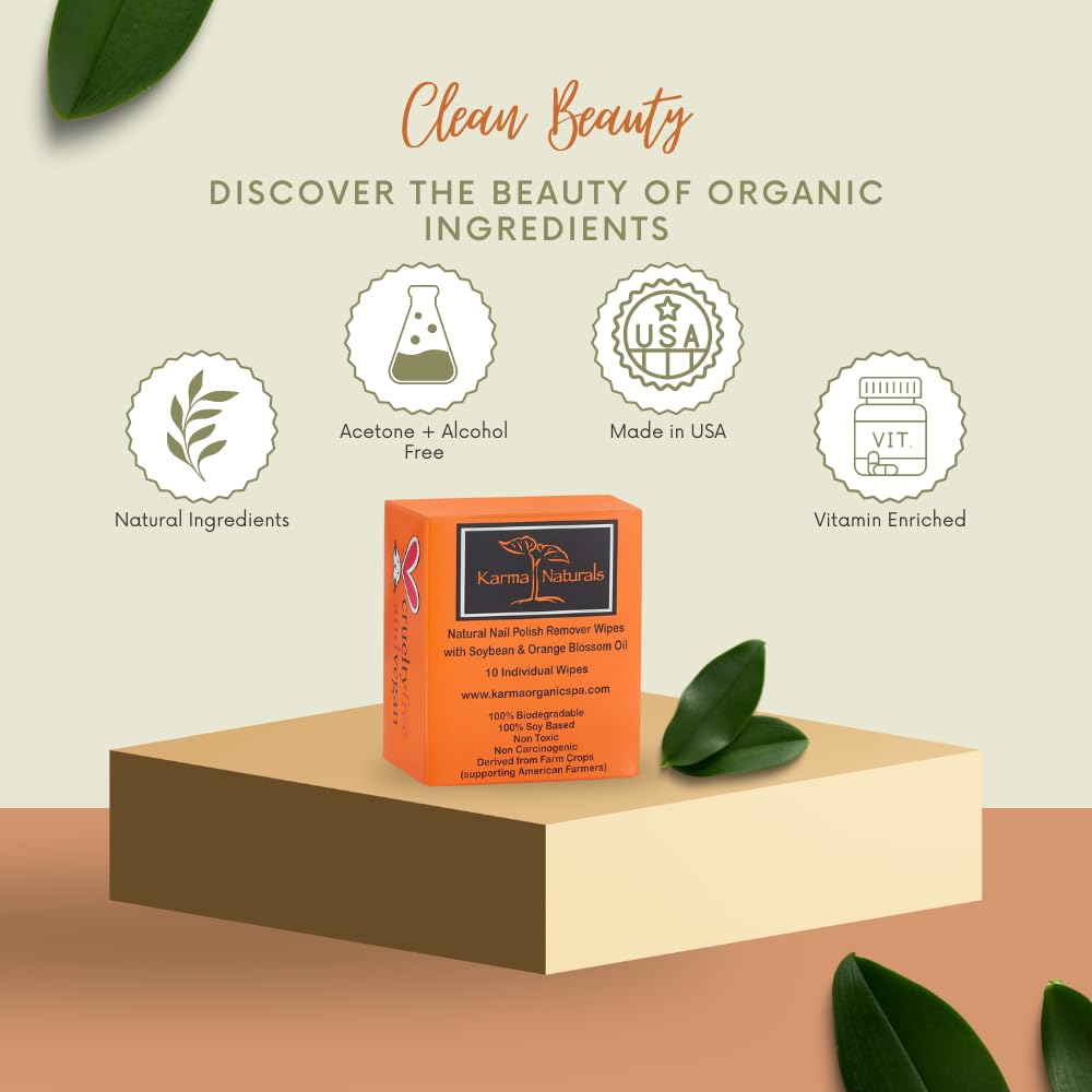 Karma Organic Natural Nail Polish Remover Wipes with Soybean and Orange Blossom Oil, 100% Soy Based, Non-Toxic, Vegan, Cruelty-Free – Pack of 10
