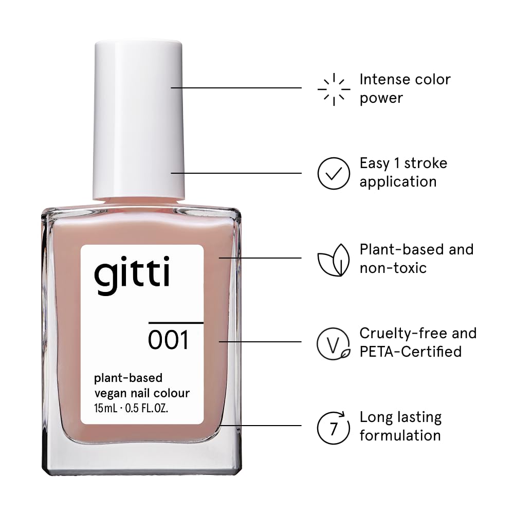 gitti Plant-based Nail Polish I Non-Toxic, 30-Free, Based On Natural Origin Ingredients, Cruelty-Free, Vegan, High Performance Colors, Glossy Finish, Shade no. 001 Hazel Glaze (0.5 fl oz)