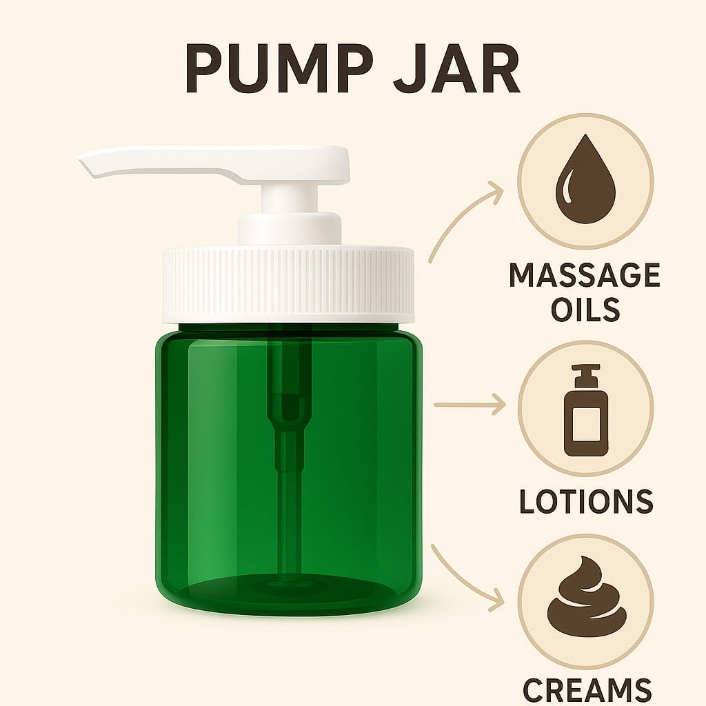 Royal Massage 16oz Refillable Pump Jar with Locking Dip Tube Dispenser – BPA-Free Plastic Container for Massage Oils, Lotions, Creams – Ribbed Lid Wide-Mouth Jar – Durable & Reusable (Green/White, 3)