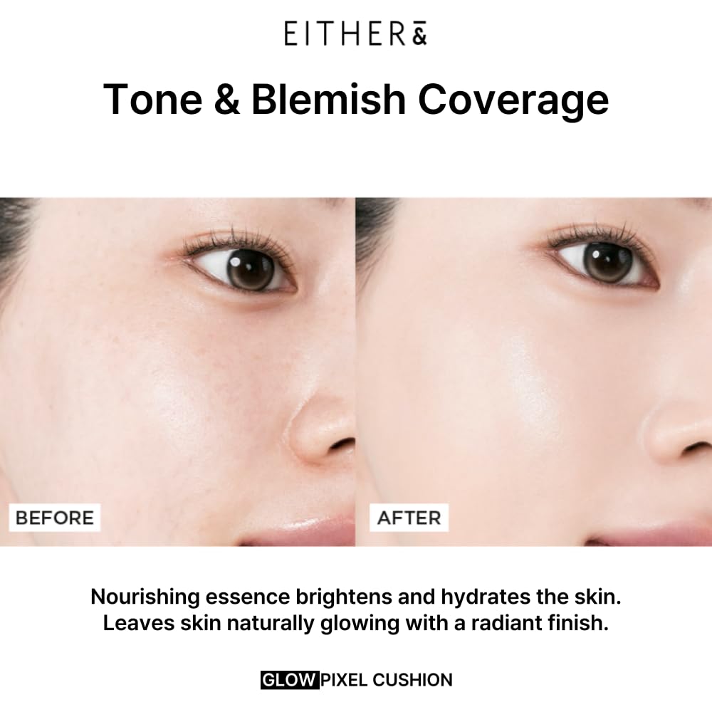 EITHER& Glow Pixel Cushion Foundation, Glowy Skincare, Korean Makeup, Natural Coverage, Moisturizing, Lightweight, Long Lasting Coverage for Flawless Skin (34N Acorn)