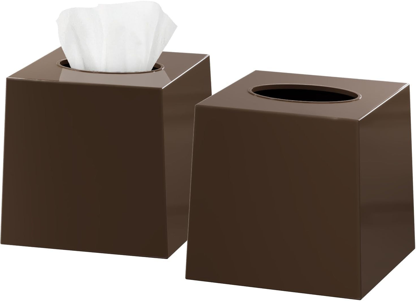 Brown Tissue Box Cover Square - Plastic Facial Tissue Box Holder Set of 2 - Decorative Cube Tissue Holder Dispensers Fit Any Vanity Countertop, Bedroom Dresser, Office Desk or Brown Bathroom Decor