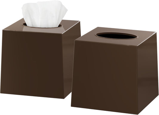 Brown Tissue Box Cover Square - Plastic Facial Tissue Box Holder Set of 2 - Decorative Cube Tissue Holder Dispensers Fit Any Vanity Countertop, Bedroom Dresser, Office Desk or Brown Bathroom Decor