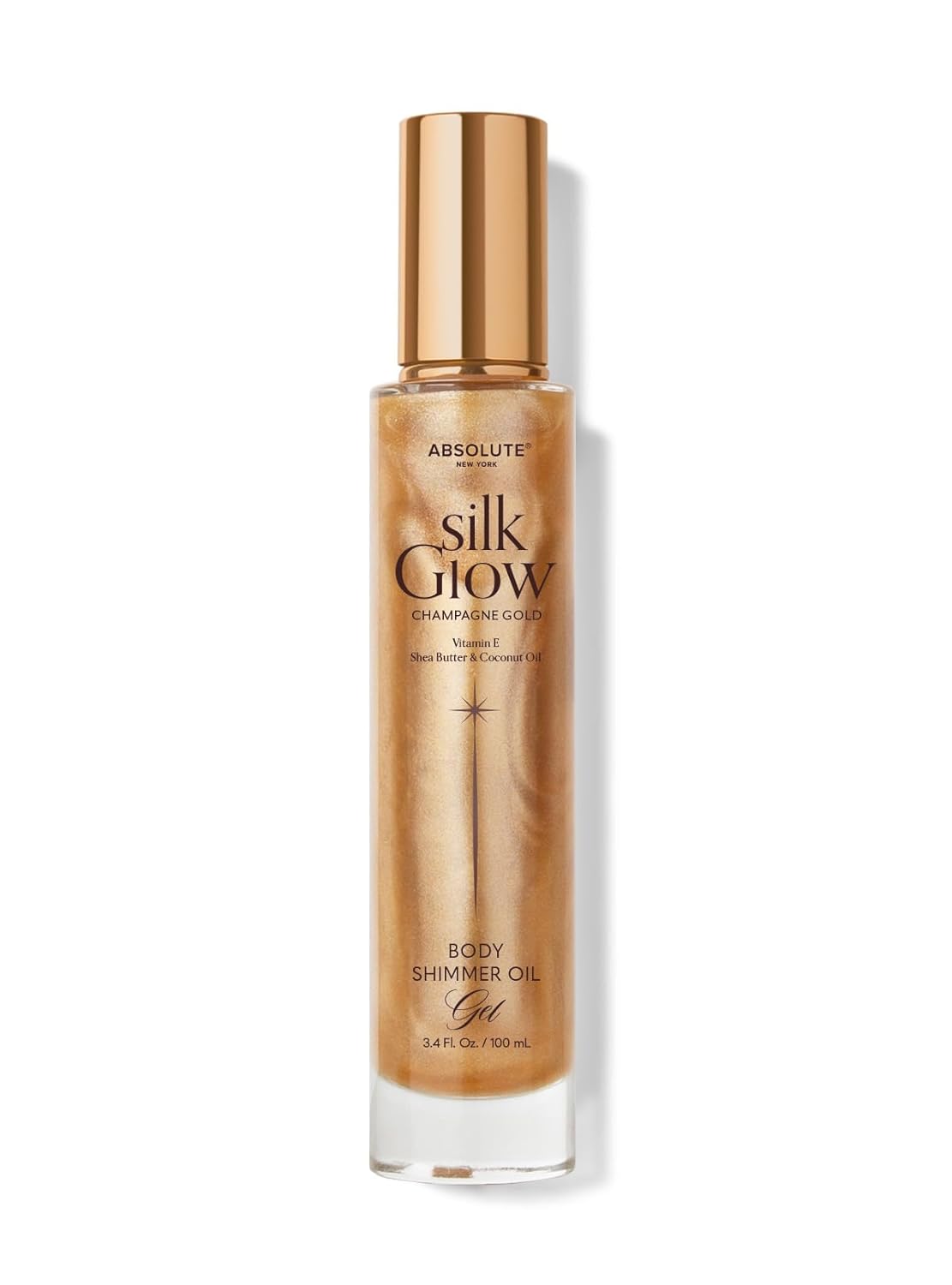 Absolute New York - Silk Glow Shimmer Mist Glow, Radiant, Shimmer Body & Face & Hair, Shea Butter, Coconut Oil, Vitamin E (SBGS05 Champagne Gold Oil Gel, 3.4 fl oz)