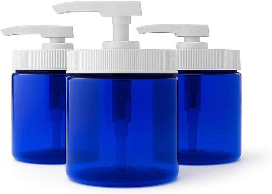 Royal Massage 16oz Refillable Pump Jar with Locking Dip Tube Dispenser – BPA-Free Plastic Container for Massage Oils, Lotions, Creams – Ribbed Lid Wide-Mouth Jar – Durable & Reusable (Blue/White, 3)