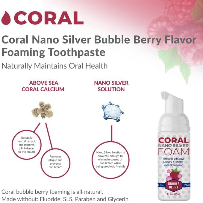 Coral Nano Silver Kids Fluoride Free Foaming Bubble Berry Coral Calcium Toothpaste, Natural Formula, SLS and Glycerin Free - 4 Ounce