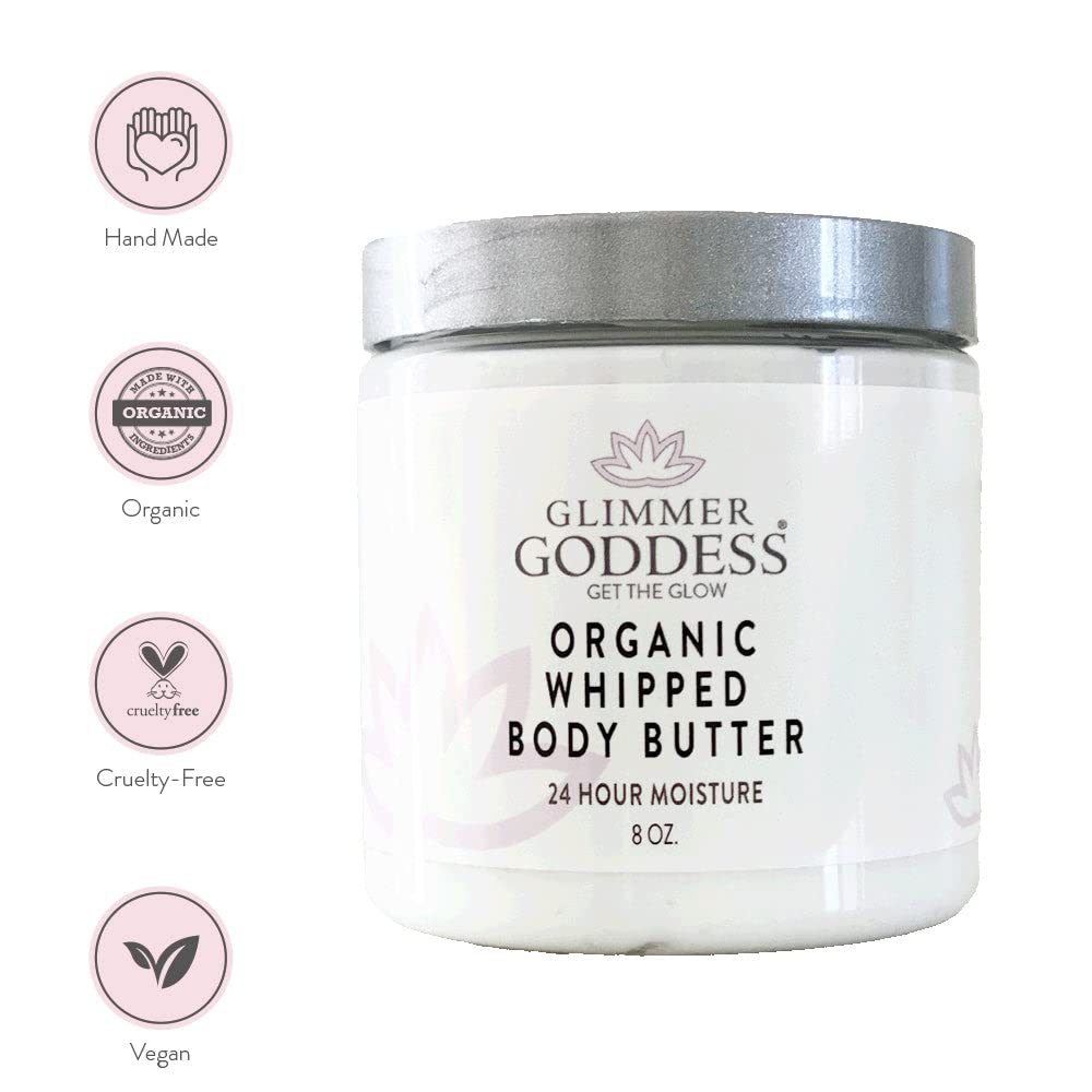 Glimmer Goddess Organic Whipped Body Butter for Women - Moisturizer Cream with Shea & Cocoa Butter, Almonds & Coconut Oil - Coconut Lime, 8oz