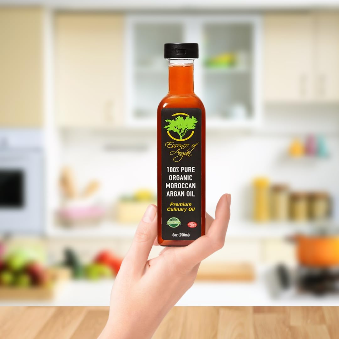Essence of Argan Organic Moroccan Argan Oil for Cooking 8 Ounces - USDA Approved, Eco-Certified Organic Argan Oil with Rich Nutrients - Premium Culinary Oil & Keto Dressing with Toasted Nutty Flavor