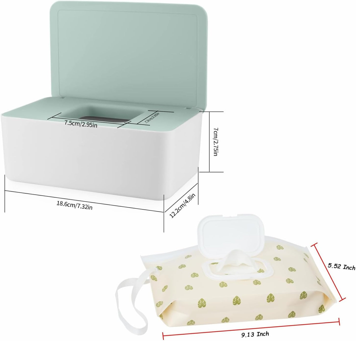 Wipes Dispenser with 2Pcs Portable Refillable Wipe Holder,Reusable Large Wipe Holder Box Flushable Wipes Case Bathroom Wipes Container for Pet Nursery Kitchen Office Counter(White-Green)