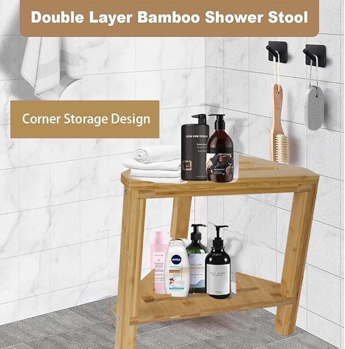 Bamboo Shower Stool for Shaving Legs, Corner Shower Foot Rest with Storage Shelf for Shaving Legs Bath Bench for Inside Shower, Space-Saving Shower Step Stool & Non-Slip Bathroom Seat