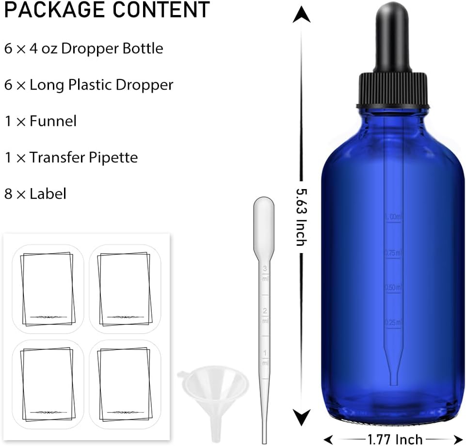 Bumobum 6 pack, 4oz Glass Dropper Bottle, Blue Glass Eye Dropper Bottle for Essential Oils with Funnel, Labels & Pipette (Unbreakable Plastic Measurements)