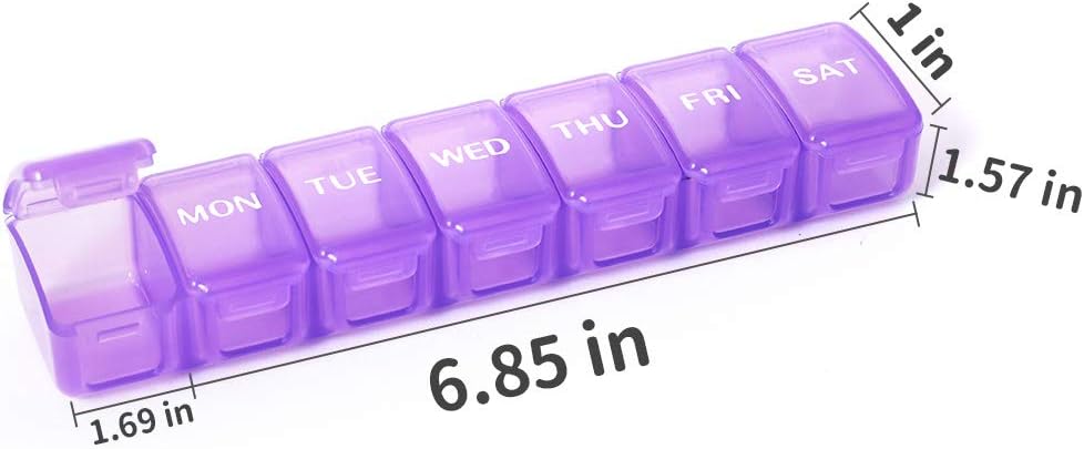 2 Packs Small Weekly Pill Organizer,Pocket Daily Pill Case Pill Box for Pills/Vitamin/Fish Oil/Supplements (Purple)