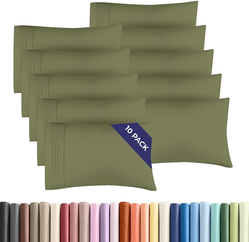 Queen Pillow Cases Set of 10 - Ultra Soft Hotel Quality Pillowcase Covers - Comfy, Cozy & Wrinkle Free - Shrink, Stain & Fade Resistant - Machine Washable Pillow Protectors - 10 Pcs Set - Sage Green