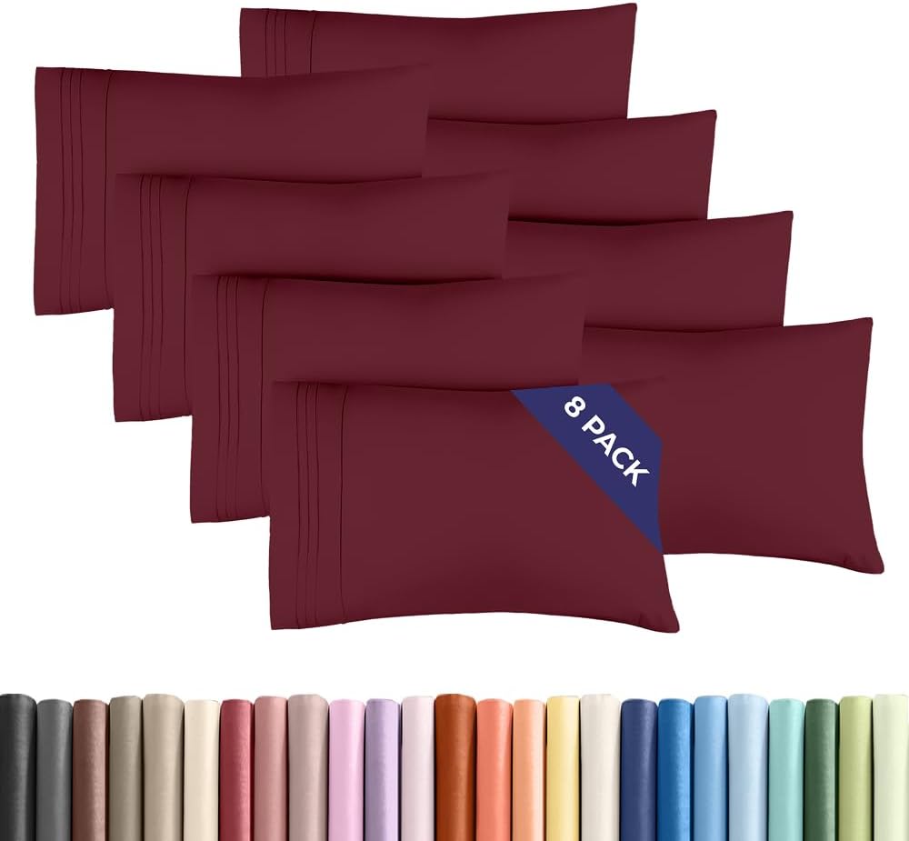 Standard Pillow Cases Set of 8 - Ultra Soft Hotel Quality Pillowcase Covers - Comfy, Cozy & Wrinkle Free - Shrink, Stain & Fade Resistant - Machine Washable Pillow Protectors - 8 Piece Set - Burgundy