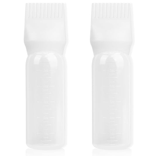 Root Comb Applicator Bottle 6 Ounce, 2 Pack Hair Oil Applicator Hair Dye Bottle Tools with Dispenser Root Comb Brush for Scalp Oil Hair Oiling Applicator - white