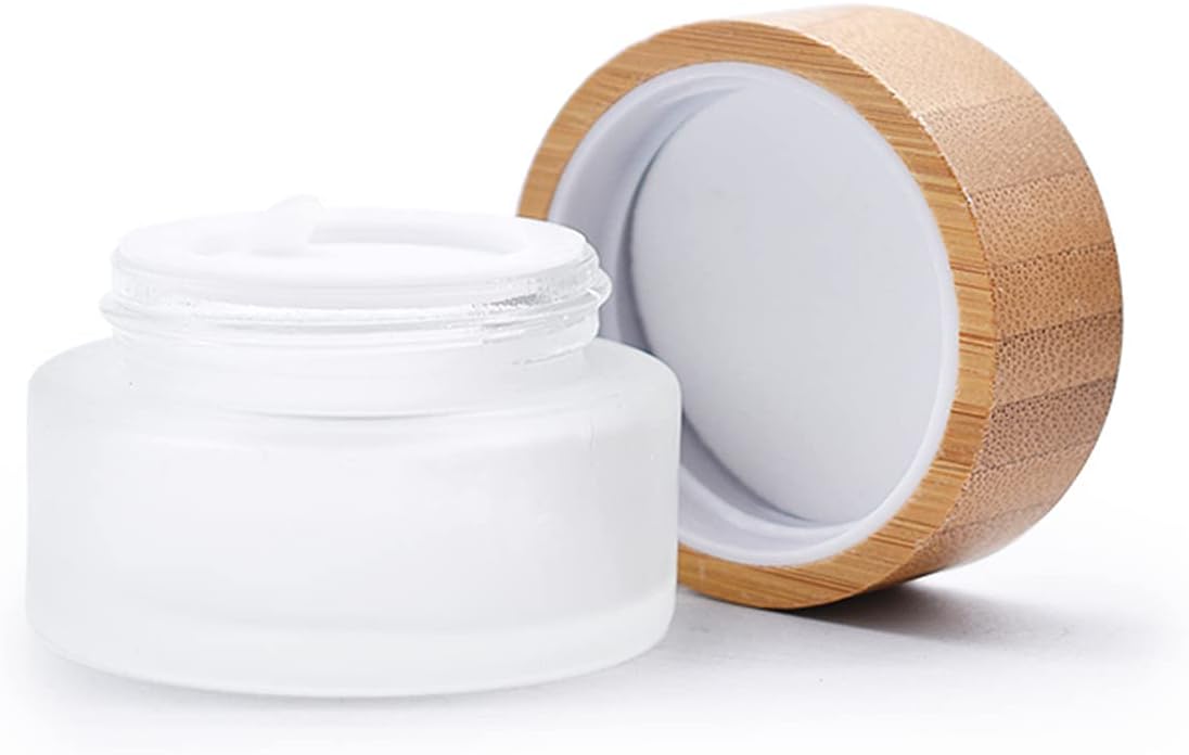2 Pack 50ml Frosted Glass Cream Jars with Bamboo lids,Wide Mouth Makeup Sample Storage Pot Dispenser Bottles for travel Jars Face Eye Shadow