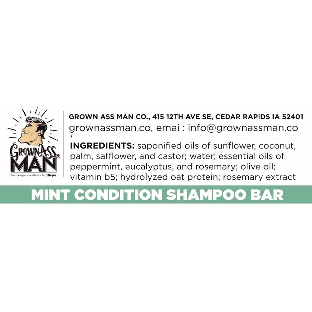 Grown Ass Man Co. - Solid Shampoo Bar Rich Lather 3 in 1: Hair, Beard & Body Wash - Plastic Free & Eco-Friendly, Natural & Organic Clean for All Hair Types, 4oz Bar (Mint Condition, 6-Pack)