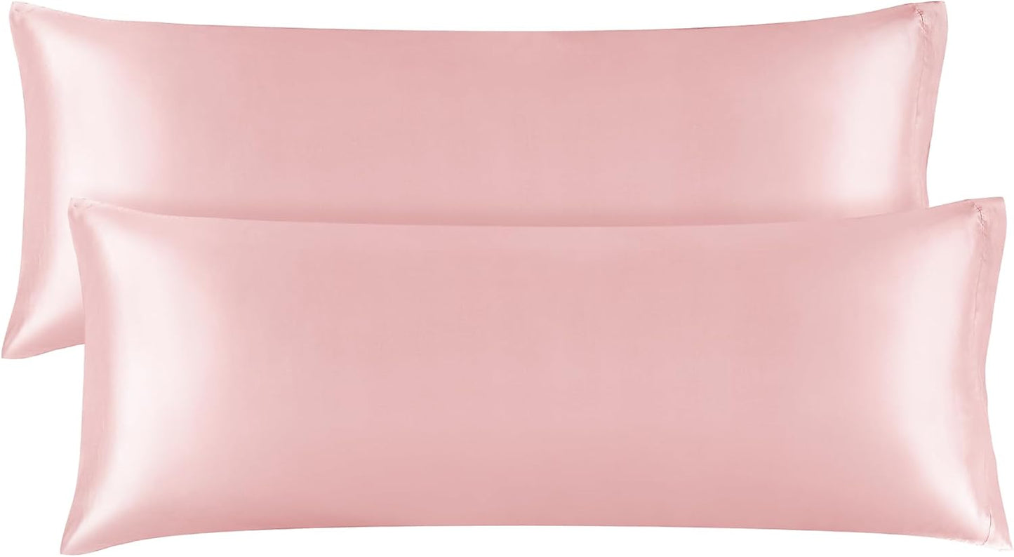 BEDELITE Satin Body Pillow Cover 2 Pack, Super Soft and Cooling Body Pillow Pillowcase for Hair and Skin, Breathable Silky Full Long Pillowcase Cover(20"x54", Pink)
