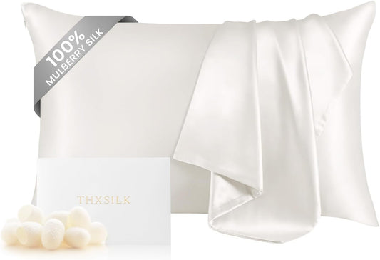 THXSILK 100% Pure Mulberry Silk Pillowcase for Hair and Skin, Highest 6A+ Grade Pure Silk Pillow Case Standard Size, Real Silk Pillowcase with Concealed Zipper(White, Standard)