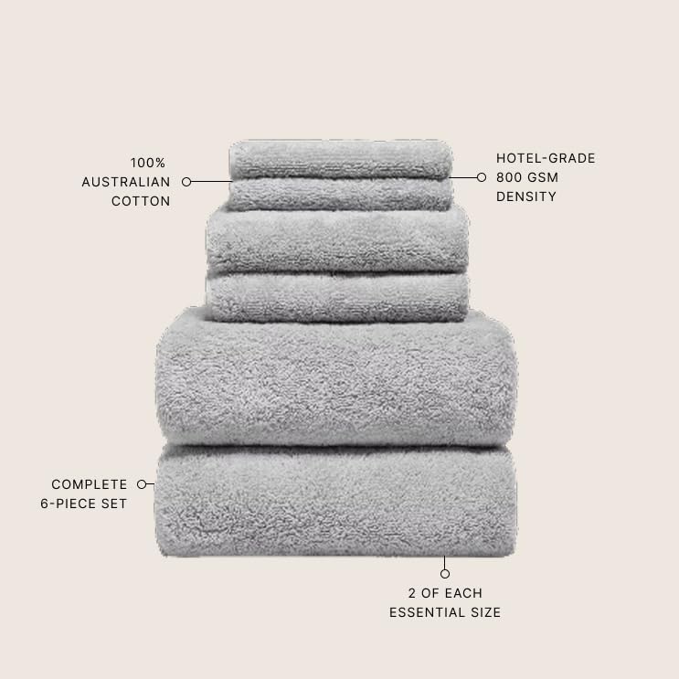 Italic Ultraplush 100% Australian Cotton Towels Standard 6 Piece Set, 2 Bath, 2 Hand, 2 Washcloths, 800GSM Lightweight, Highly Absorbent Quick Dry Soft Resort Grade Towels (Light Gray)