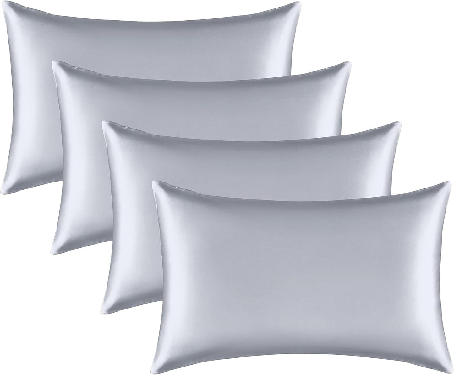 Satin Silk Pillowcase for Hair and Skin, Black Pillow Cases Standard Size Set of 4 Pack Super Soft Pillow Case with Zipper Closure (Silver, Queen(4 Pack))
