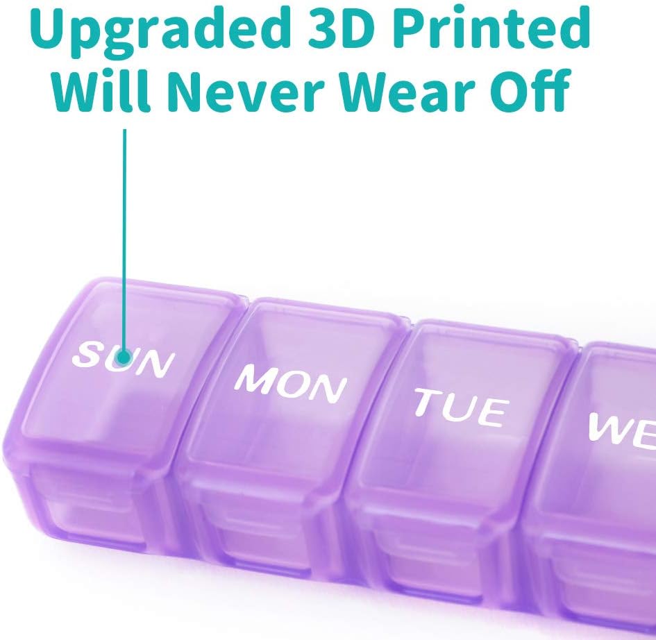 2 Packs Small Weekly Pill Organizer,Pocket Daily Pill Case Pill Box for Pills/Vitamin/Fish Oil/Supplements (Purple)