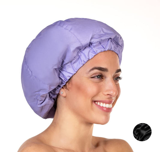 Premium Shower Cap for Women with Long Hair. Reusable, 100% Waterproof, Double-Sided, Great For Curls with Satin Silk Anti-Frizz Cloth. Lilac Shower Caps For Women (Standard, Lilac)