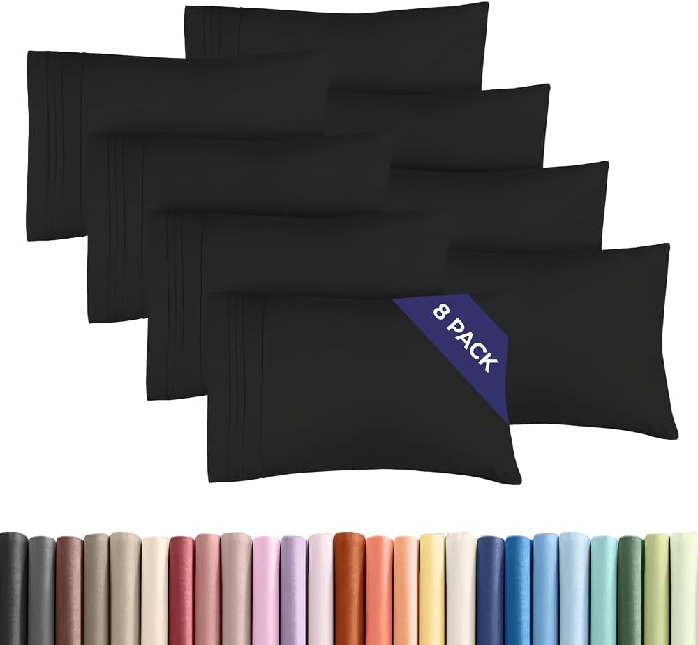 Standard Pillow Cases Set of 8 - Ultra Soft Hotel Quality Pillowcase Covers - Comfy, Cozy & Wrinkle Free - Shrink, Stain and Fade Resistant - Machine Washable Pillow Protectors - 8 Piece Set - Black