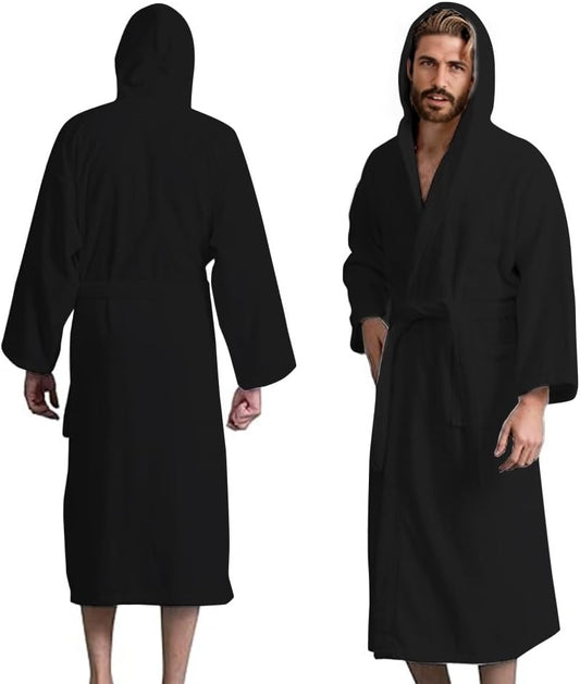 Men’s Hooded Bathrobe, 100% Cotton Terry Bathrobe, Spa Style Bath Robe, Absorbent Shower Robe, Lightweight Towel Bathrobes